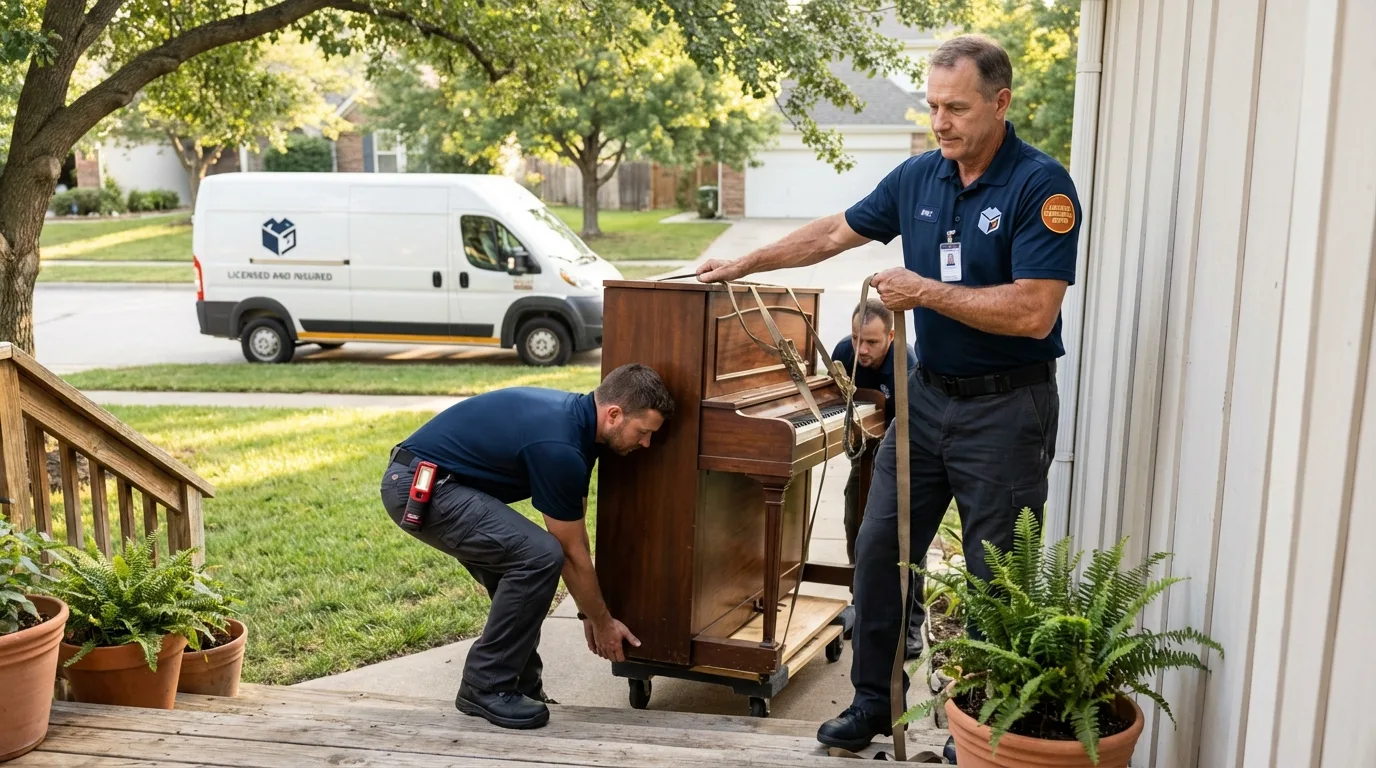 Licensed piano movers securing grand piano in Shepherdstown, WV