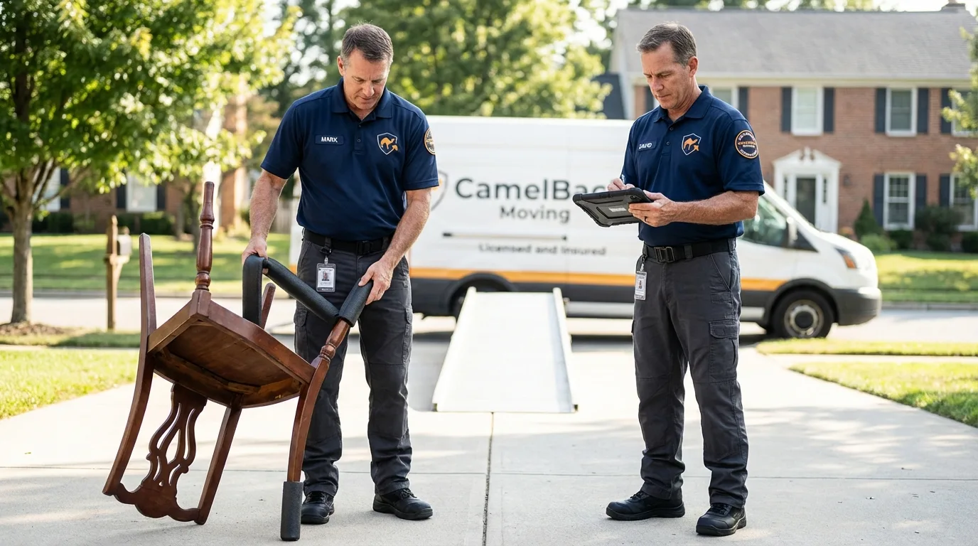 Movers inspecting furniture for damage prevention before loading in Shepherdstown, WV
