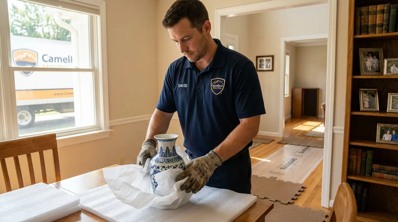 Professional crew carefully wrapping antique vase for senior downsizing move in Shepherdstown, WV